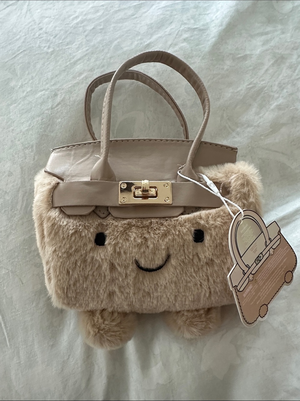 Beige Plush Mini Handbag with Smiling Face